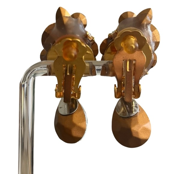 Gold Crystal Clip On Drop Earrings - Picture 3 of 4